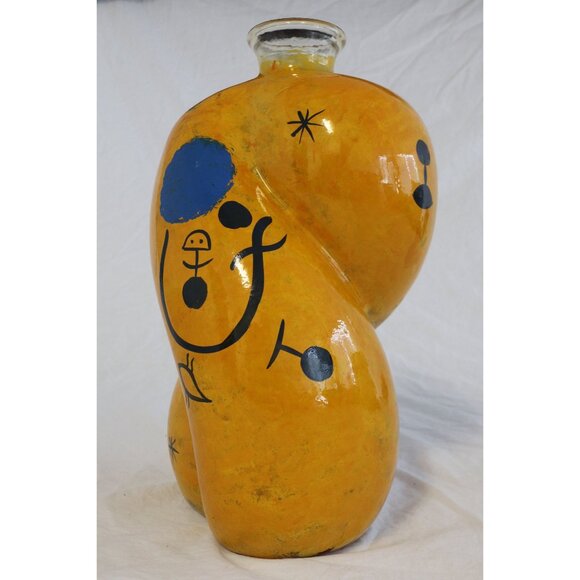 Vtg 1990's Large Hand Painted From The Inside Yellow Bulbous Vase Abstract - Picture 7 of 10